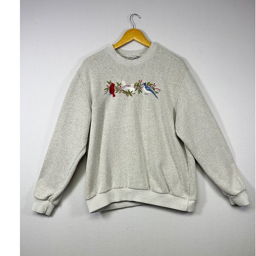 Vintage Grandmacore Women XL Oatmeal Embroidered Birds Cardinal Blue Jay Nature